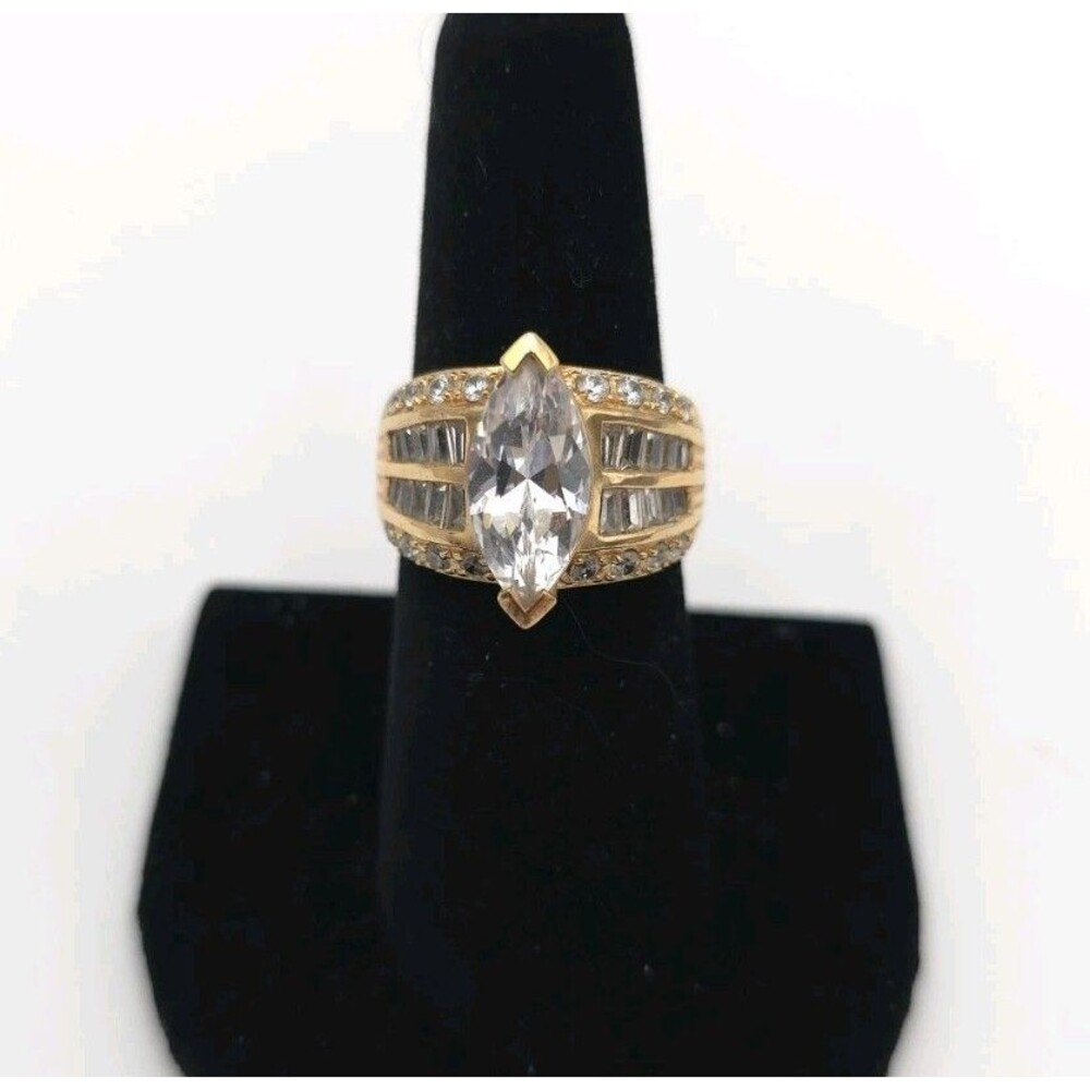 925 Gold CZ Marquis‎ & Baguette Ring Size 7 Sterling Silver Vermeil Vtg